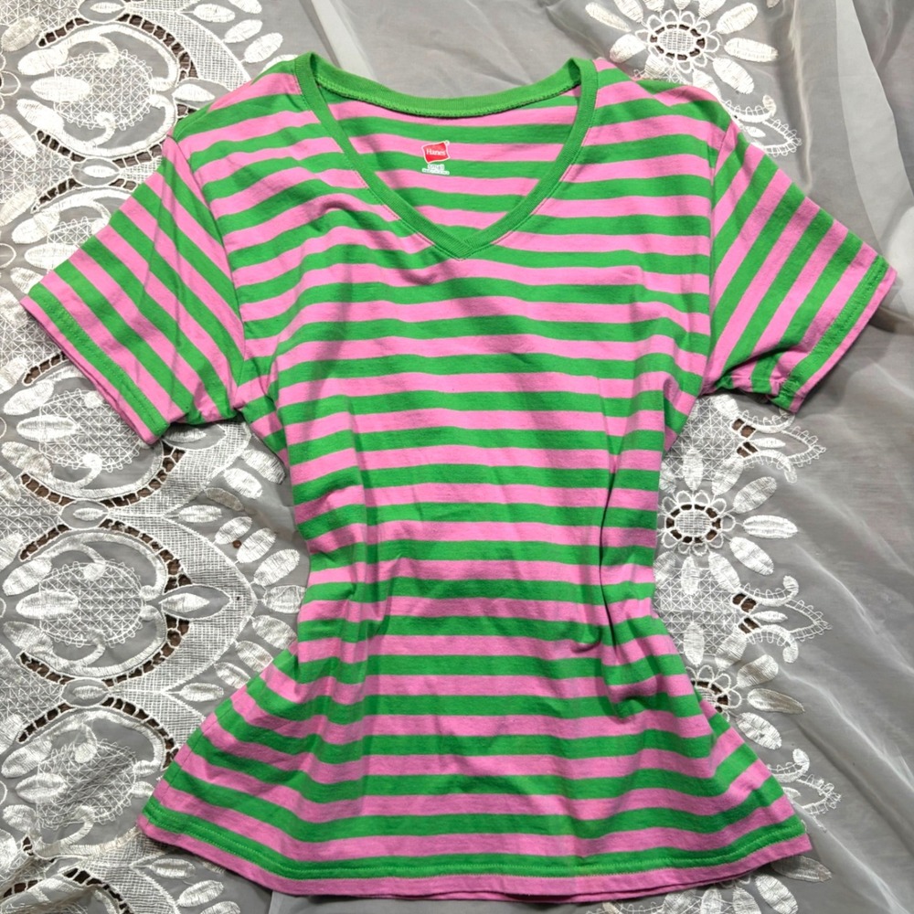 Y2K Playground Prep V-Neck T-Shirt Pink Green Striped Cotton Short Sleeve S